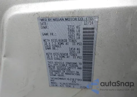 2015 Nissan Pathfinder Platinum/S/Sl/Sv from USA, damaged, VIN 5N1AR2MN6FC628790